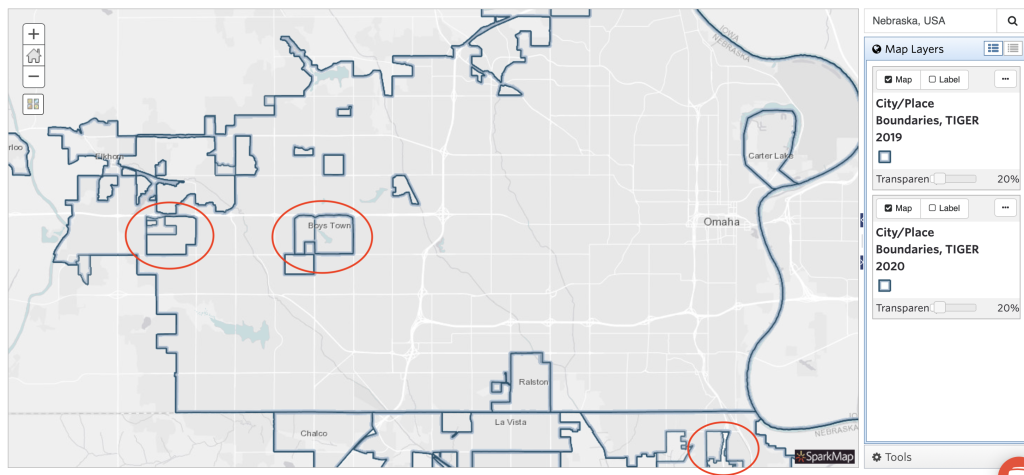 2020 place boundary changes highlighted for Omaha, NE