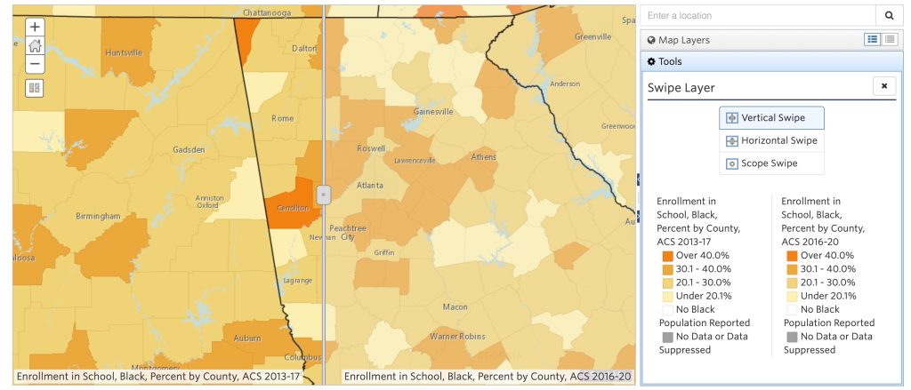 Screenshot of map comparing the enrollment of school for Black individuals from ACS 2013-2017 compared to ACS 2016-2020