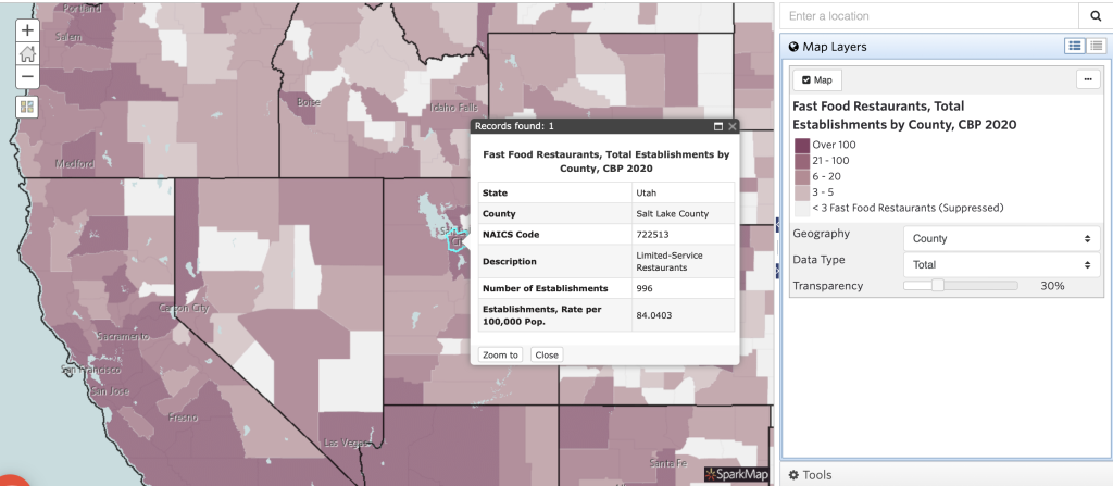 Side by side comparison of fast food restaurants in Salt Lake and Utah Counties.