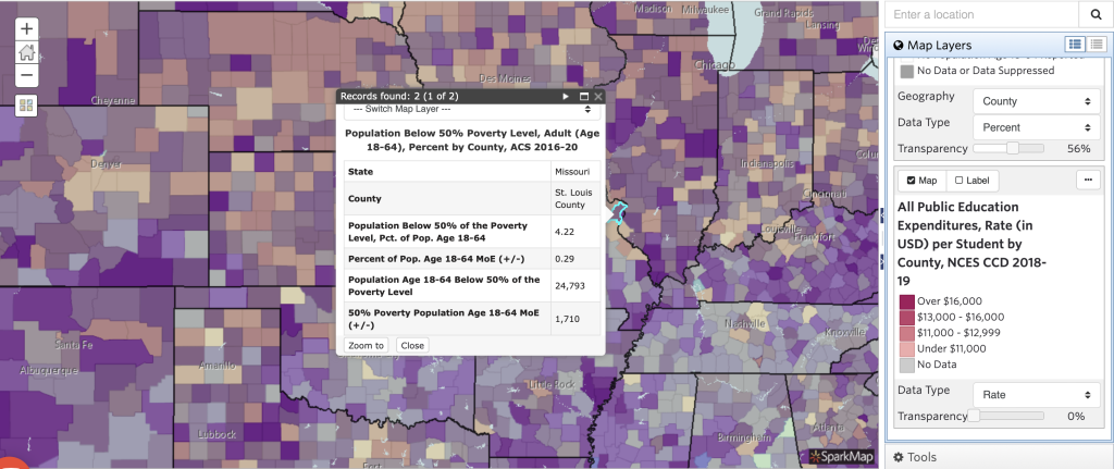Public Education Expenditures and Adult Population 50% Below Poverty Line in St. Louis County, Missouri