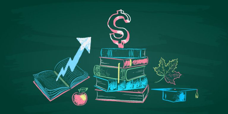 Cartoon image of books, graduation cap, and money sign