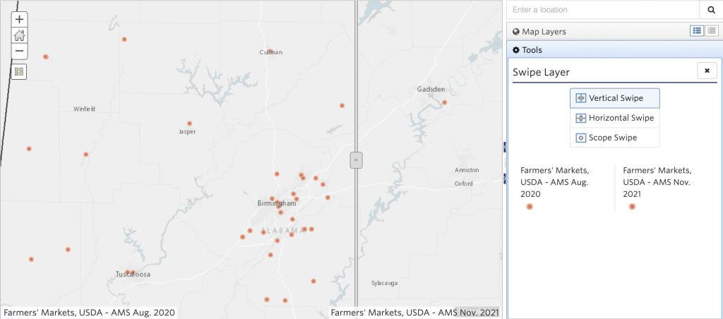 Click on the image to explore the map and observe how the number of documented farmer's markets in central Alabama decreased significantly from 2020 to 2021. 