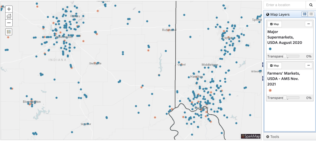 Overlaying SparkMap's Major Supermarkets, USDA August 2020 and Farmers' Markets, USDA-AMS November 2021 layers provide point data on supermarket and farmers markets locations around the country.