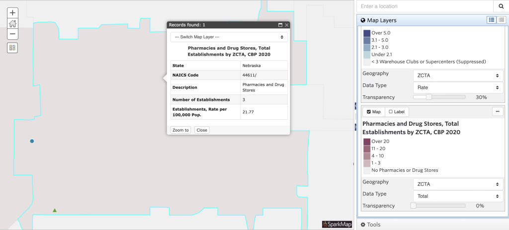 Map showing information about three drug stores in the same ZIP code.