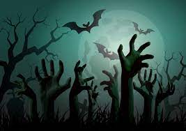 Cartoon zombie hands reaching out of ground toward bats and moon