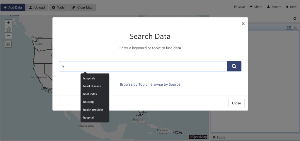 Image shows the Map Room's search bar, a large white box with a title reading "Search Data." The searchbar enables users to easily search SparkMap's map layers. 