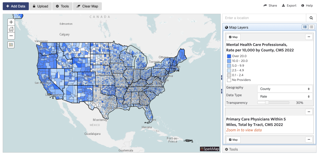The image shows the map layer "Mental Health Professionals, Rate per 10,000 by county"