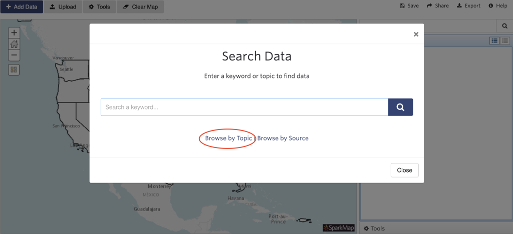 This image shows the Map Room's search bar. A red circle surrounds a link reading "Browse by Topic." Clicking this link allows you to search the map room by topic area. 