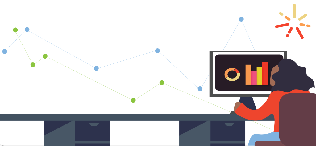 Cartoon person sitting at computer with charts and graphs