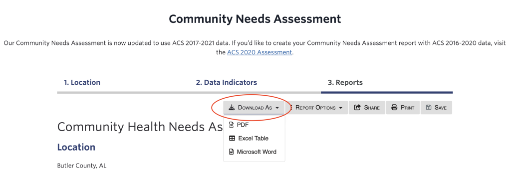 Download As Button in the Community Needs Assessment