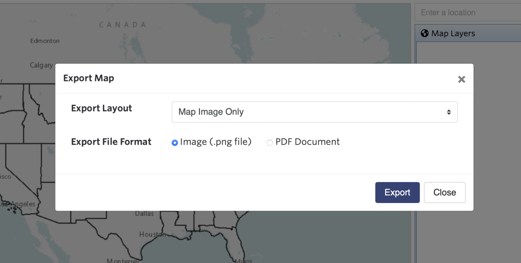 Options given (i.e., export layout and export file format) when you select export in the map room