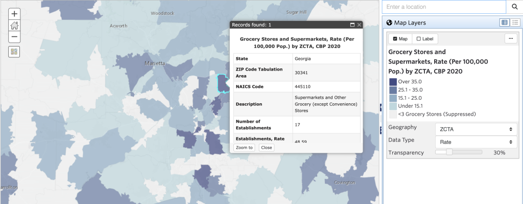 Map of Grocery Store and Supermarket Rate by ZCTA in 30341