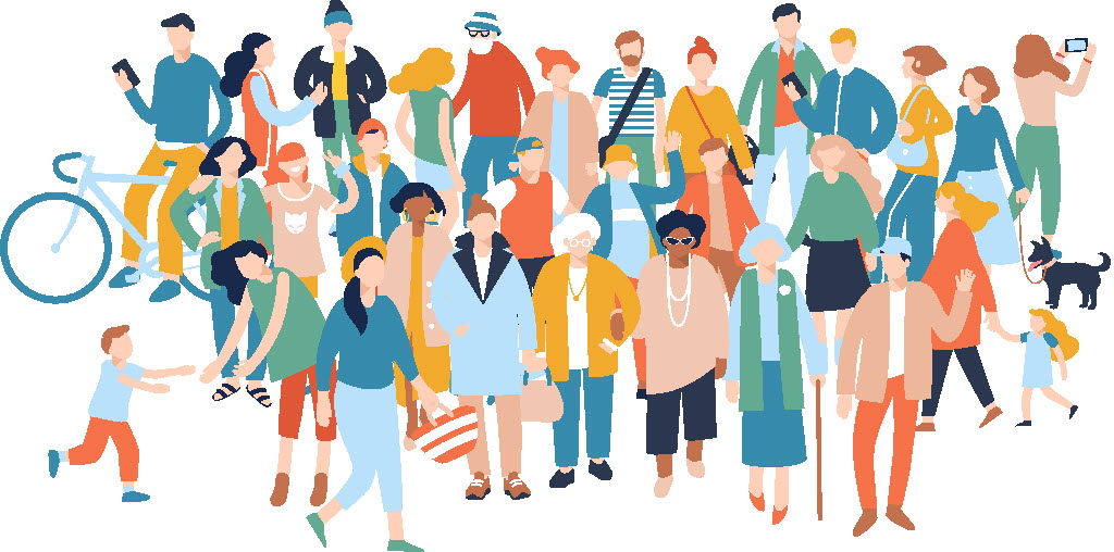 Clip art photo of a crowd of people of all ages and demographics.