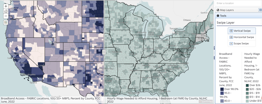 Comparing two map layers using the vertical swipe tool. On the left, the Broadband Access - FABRIC Locations, 100/20+ MBPS, Percent by County, FCC June 2022, appears. On this side of the map, darker counties indicate higher broadband access. On the right side of the map, Hourly Wage Needed to Afford Housing, 1-Bedroom (at FMR) by County, NLIHC 2022 is overlayed. On this map, darker counties indicate higher hourly wage needed to afford one bedroom housing.