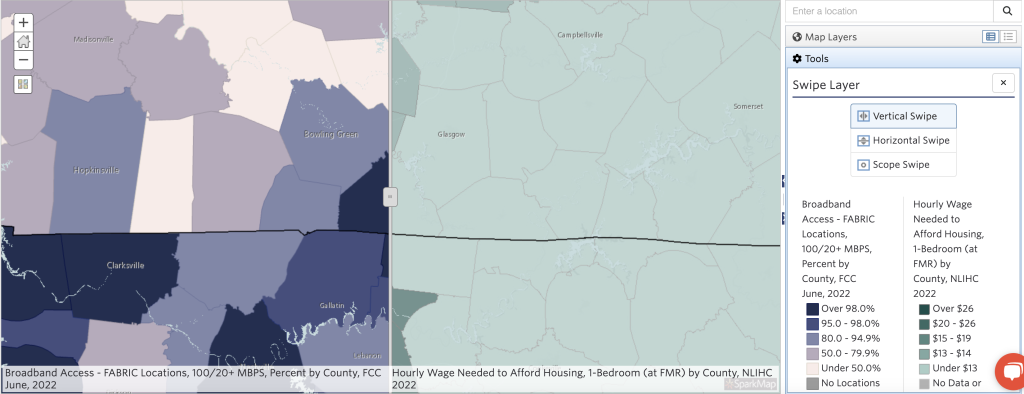 Map zoomed into Allen County, Kentucky. Using the vertical swipe tool, we can see that Allen County has both high access to broadband (indicated by dark blue shading) and low hourly wage needed to afford one bedroom housing (indicated by light green shading).