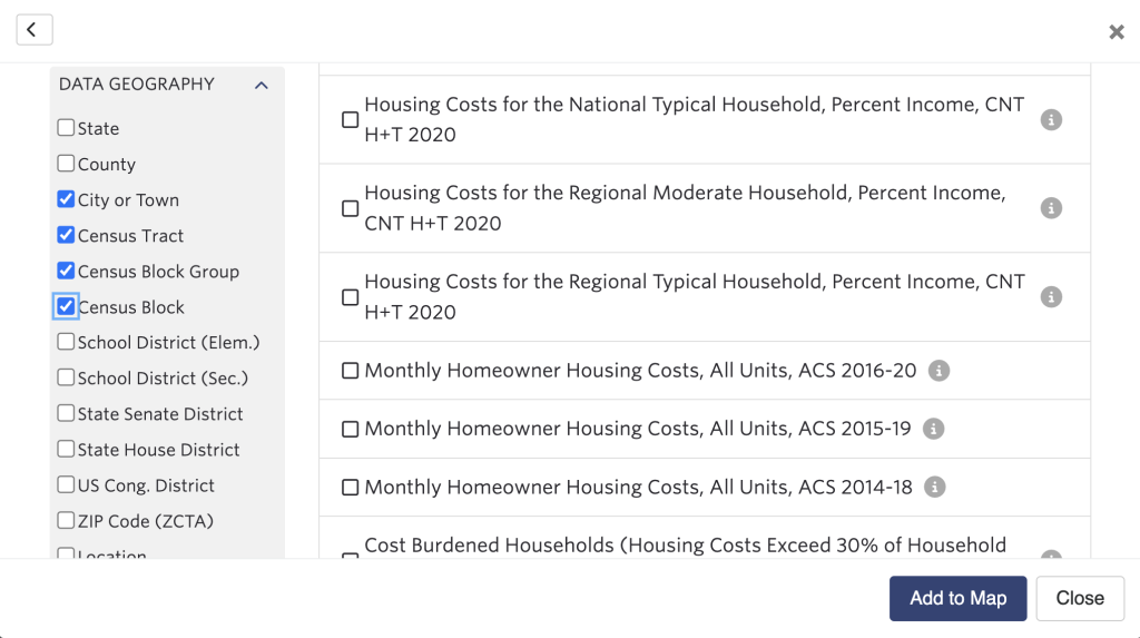 Data available to add in the SparkMap Map Room. Of interest on this image, there is a menu on the left hand side where map makers can select certain geographies data are available at. In this image, the following geographies are checked: city or town, census tract, census block group, and census block.