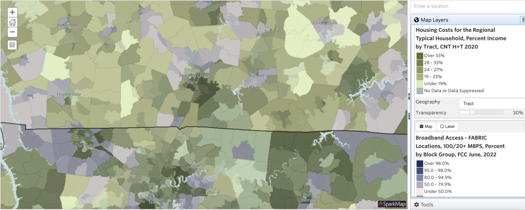 Map with the Housing Cost for the Regional Typical Household, Percent Income by Tract, CNT H + T 2020 and Broadband Access - FABRIC map layers overlayed. By adjusting the transparency of the layers, you are able to distinguish them one on top of the other. Darker areas of the map indicate both higher housing cost and broadband access.