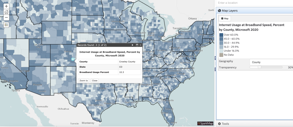 Image of US map showing different counties with different internet usage at broadband speed, percentage, by shading counties across the country different shades of blue.