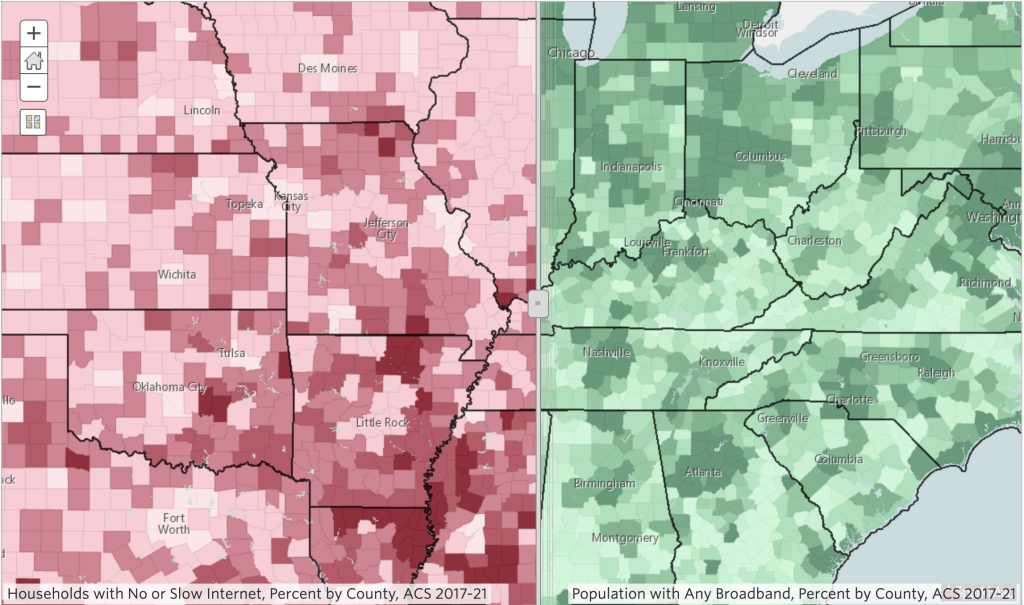 Split map with  various shades of red counties on the left depicting no or slow internet percent, and various shades of green counties on the right depicting population percentage with any broadband.