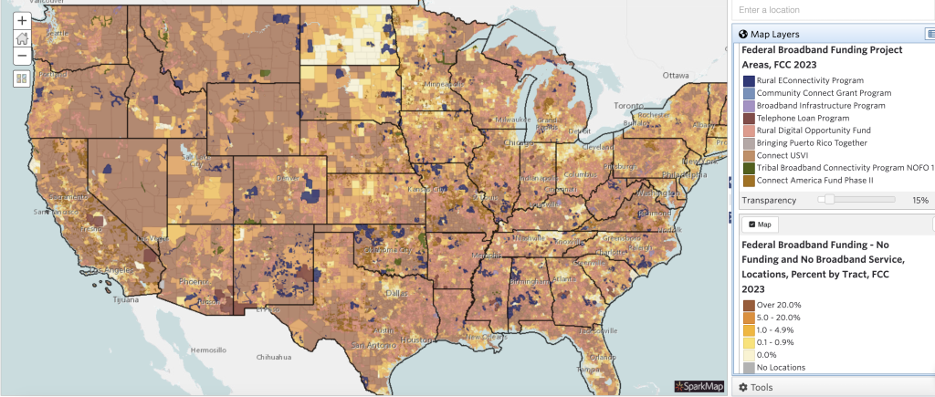 Map overlaying federal broadband funding project areas and federal broadband funding - no funding and no broadband service map layers.