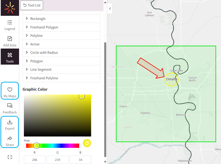 A SparkMap visitor clicks the export button to download an image of their customized map.  