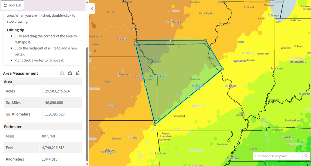 An image showing the Measure Tool in the SparkMap Map Room.  The area measurement feature is shown in a tool pane on the left side with a map of Missouri on the right side.  A polygon selecting a portion of the state of Missouri is displayed on the map.