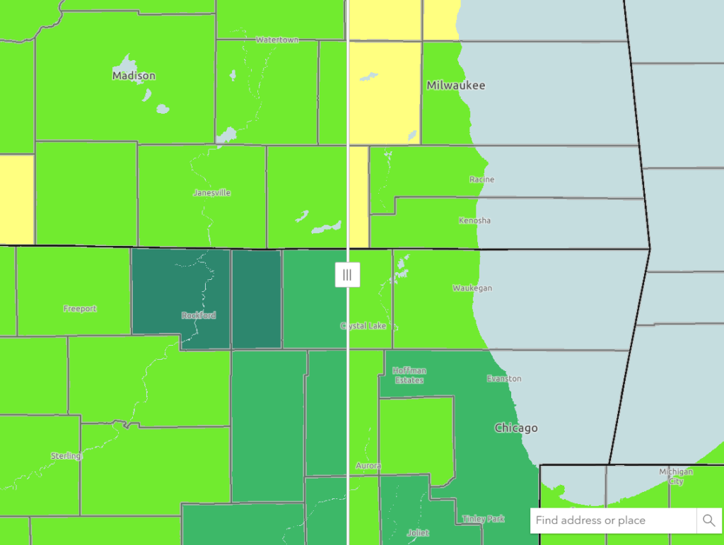 A map of northern Illinois and southern Wisconsin showing the map room's swipe tool, with older data to the left of the swipe bar and newer data to the right. 