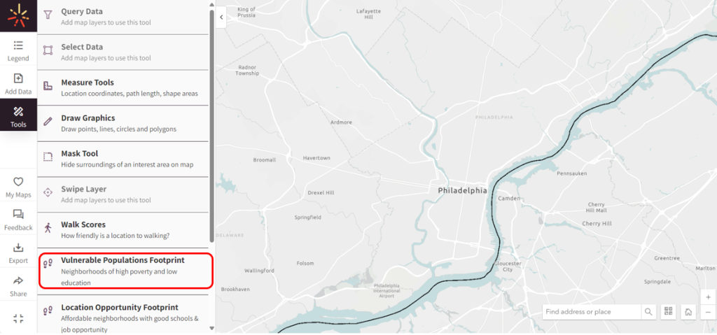 An image displaying the Map Room with the Tools tab selected and the "Vulnerable Populations Footprint" tool circled in red on the Tools menu.  To the right of the menu is a map of the greater Philadelphia, Pennsylvania area. 