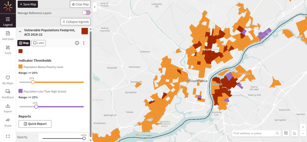 An image displaying the Map Room with the "Vulnerable Populations Footprint" tool layer displayed in the legend. The resulting tract-level data relating to Population Below Poverty Level and Population with Less than High School-level education is shown on the map of Philadelphia on the right side of the image. 