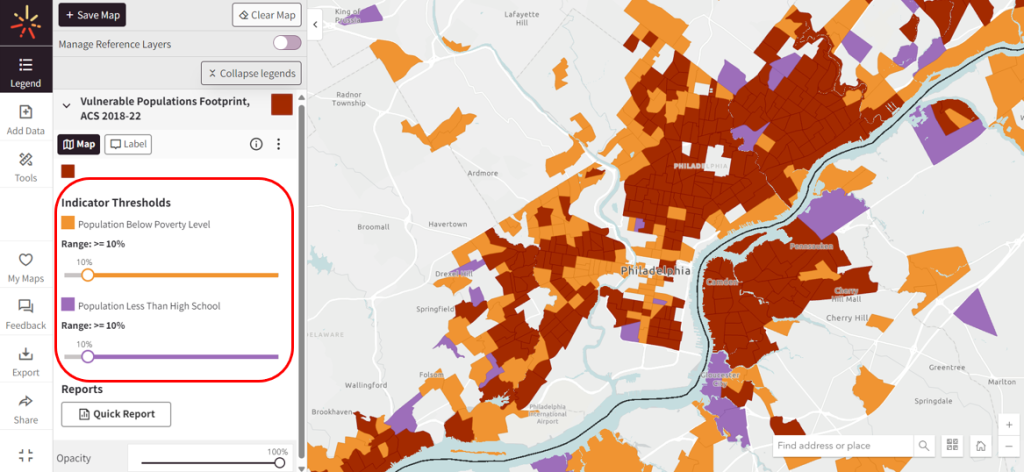 An image displaying the Map Room with the "Vulnerable Populations Footprint" tool layer displayed in the legend. The indictor threshold sliders for this tool are circled in red. The resulting tract-level data relating to Population Below Poverty Level and Population with Less than High School-level education is shown on the map of Philadelphia on the right side of the image. 