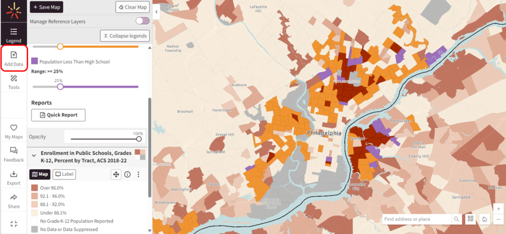 An image displaying the Map Room with the "Vulnerable Populations Footprint" tool layer displayed in the legend, along with a secondary layer for Enrollment in Public Schools. The "Add Data" tab on the left-hand menu is circled in red, indicating that other layers can be added. The VPF layer and the secondary layer displaying enrollment in public schools are shown on the map of Philadelphia on the right side of the image.