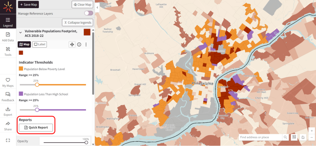 An image displaying the Map Room with the "Vulnerable Populations Footprint" tool layer displayed in the legend. The "Quick Report" button beneath the VPF tool indicator threshold sliders in the legend is circled in red.  The VPF layer and the layer displaying enrollment in public schools are shown on the map of Philadelphia on the right side of the image.