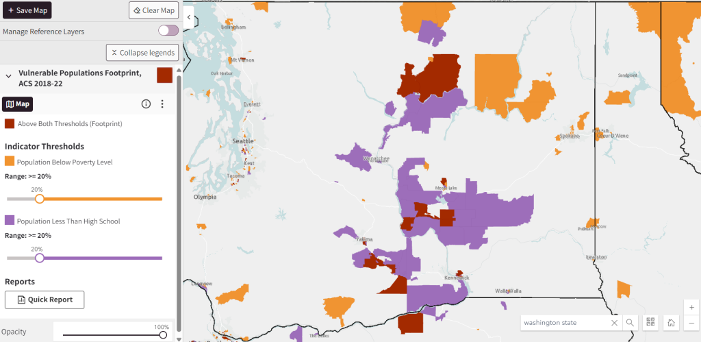 An image showing the Vulnerable Populations Footprint Tool (VPF) in the Map Room, with the tool menu on the left and the resulting map on the right side of the image. 