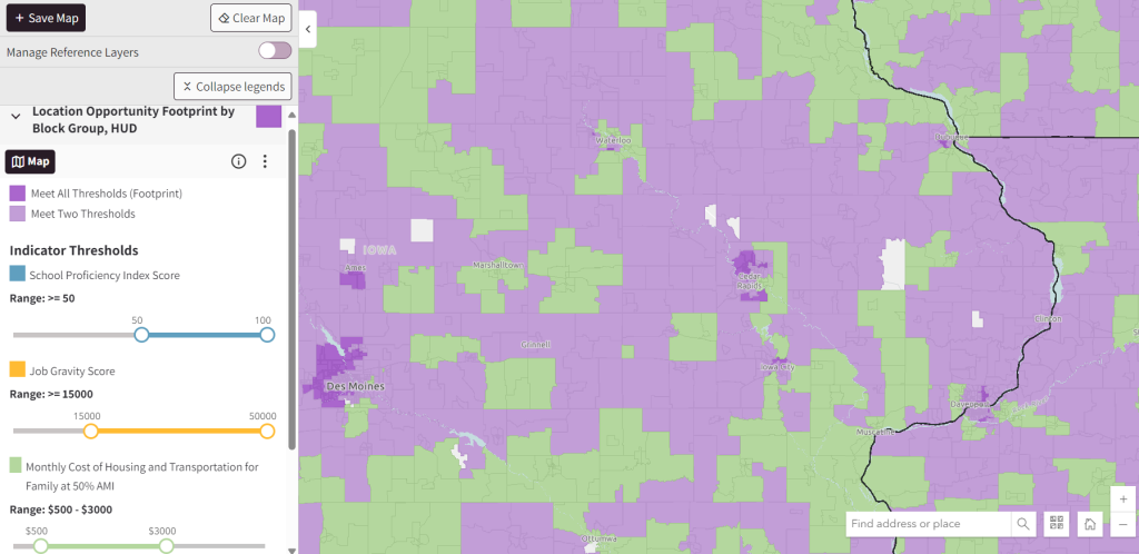 An image showing the Location Opportunity Footprint Tool (LOFT) in the Map Room, with the tool menu on the left and the resulting map on the right side of the image. 