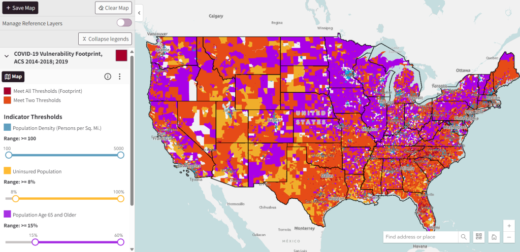 An image showing the COVID-19 Vulnerability Footprint Tool in the Map Room, with the tool menu on the left and the resulting map on the right side of the image. 