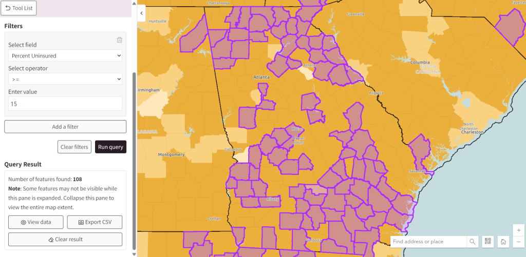 An image showing the Query Data Tool in the Map Room, with the tool menu on the left and the resulting map on the right side of the image. 