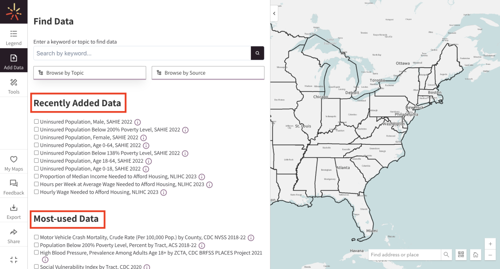 The SparkMap Map Room's add data interface features a search bar and options to explore Recently Added and Most-Used data