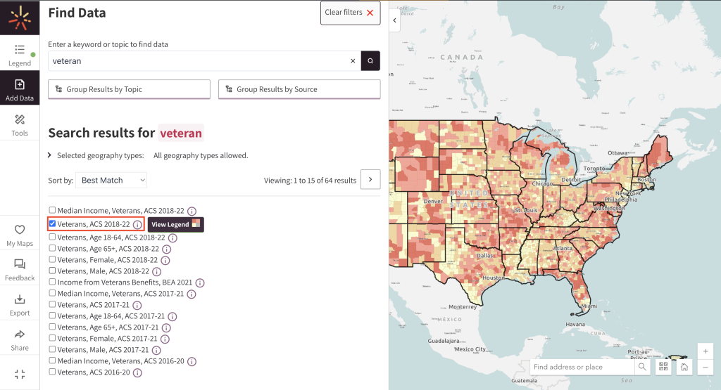 A SparkMap visitor clicks the checkbox beside a map layer of interest to add it to their map.