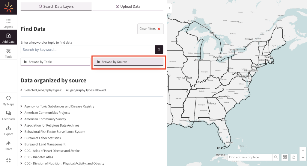 By clicking the "browse by source" button, a SparkMap visitor has generated an interactive list of SparkMap's data sources. 