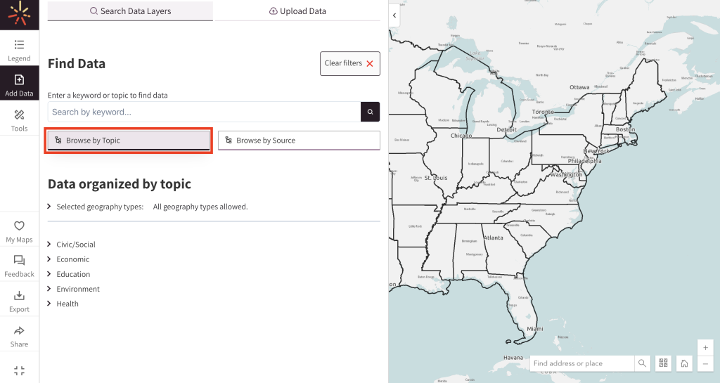 By clicking the "browse by topic" button, a SparkMap visitor has generated an interactive list of topics addressed in the SparkMap map layer collection. 