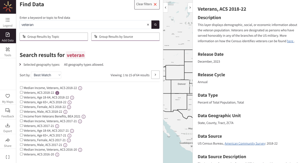 After clicking the "i" button beside a map layer of interest, a SparkMap visitor views information on that layer's source and release date. 