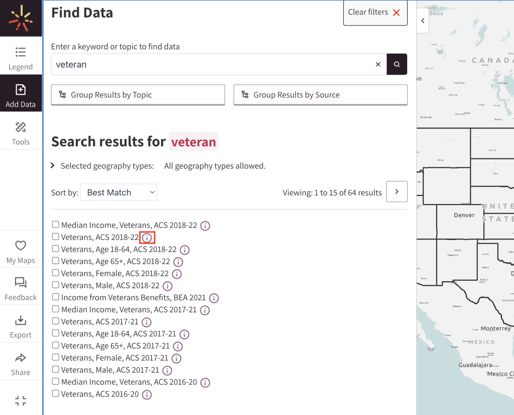 Browsing topics related to diabetes, a SparkMap visitor clicks the "i" button beside a layer of interest to learn more about it 