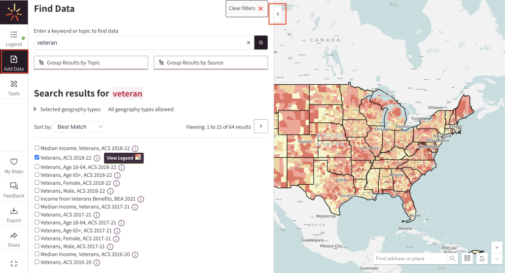 A SparkMap visitor minimizes their Add Data interface by clicking the arrow button. 