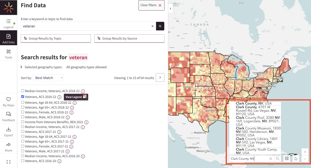 Using the location search bar, a SparkMap visitor searches for Clark County, NV in the Map Room.