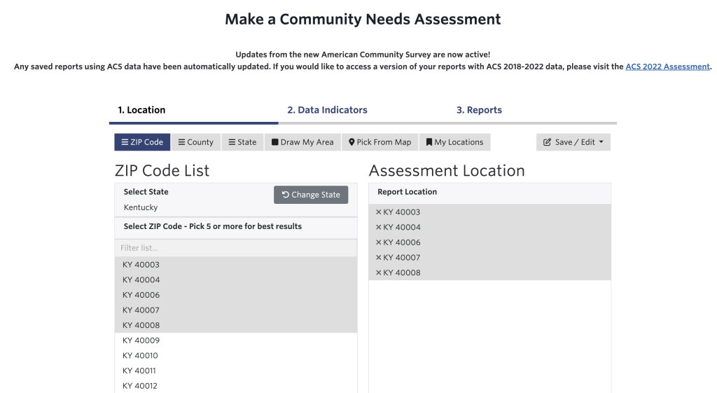 Community needs assessment interface with ZIP codes 40003, 40004, 40006, 40007, and 40008 selected