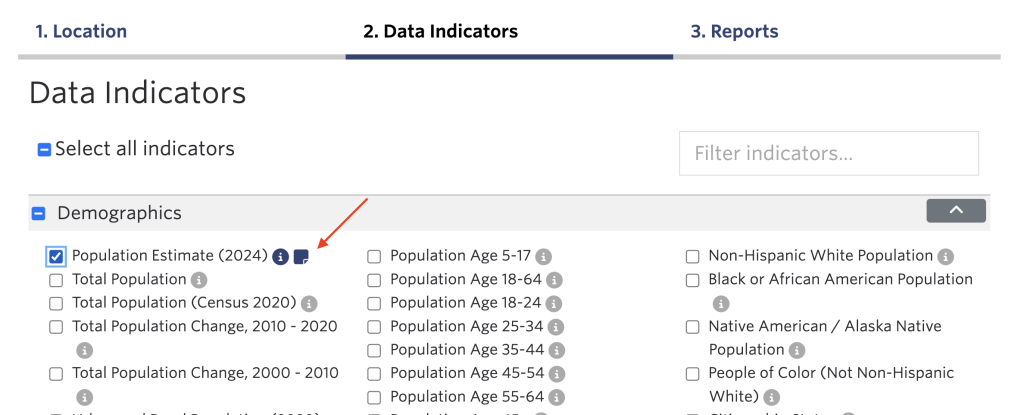 Data indicators options with a red arrow pointing to data note