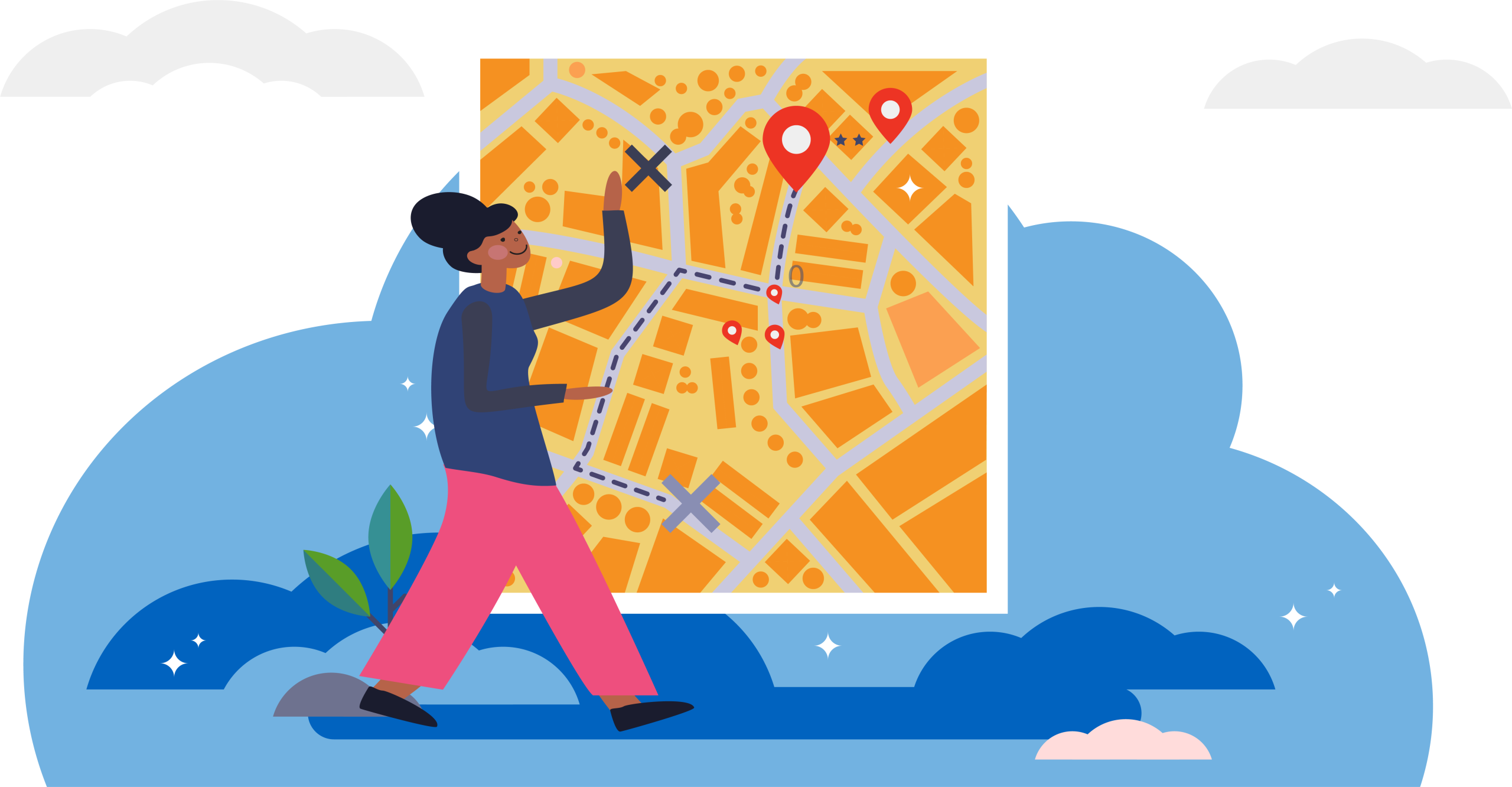 Woman pointing to large map