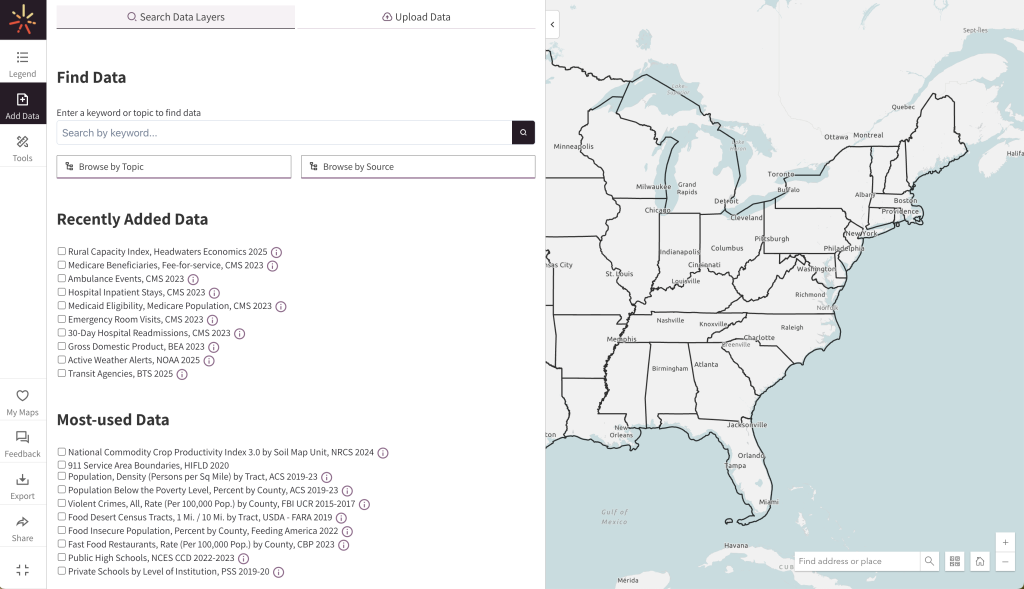 SparkMap Map Room showing data selection panel opened over US map