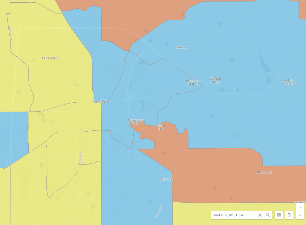 Map zoomed in on Starkville, MS