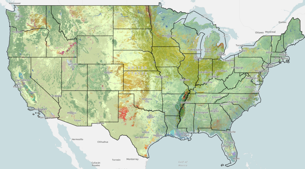 US Map with multicolored cropland data over it